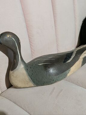 Hand-Painted Decorative Bird Decoy in Black and Cream Vintage Hand Carved